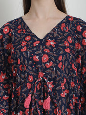 Floral Print Navy Blue Cotton Kaftan Nighty