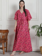 Floral Print Pink Cotton Kaftan Nighty