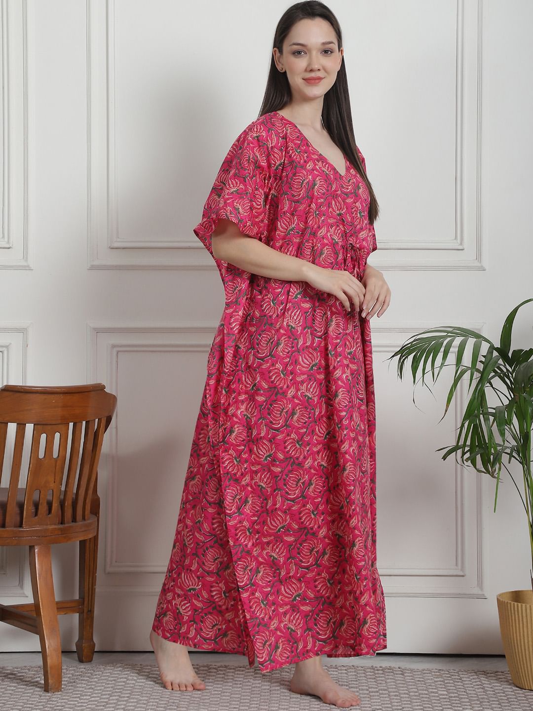 Floral Print Pink Cotton Kaftan Nighty