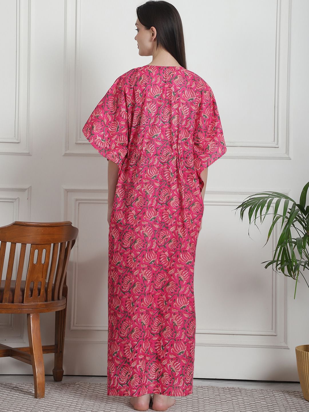 Floral Print Pink Cotton Kaftan Nighty