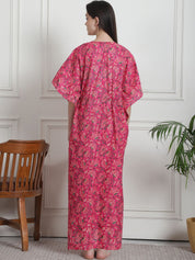 Floral Print Pink Cotton Kaftan Nighty