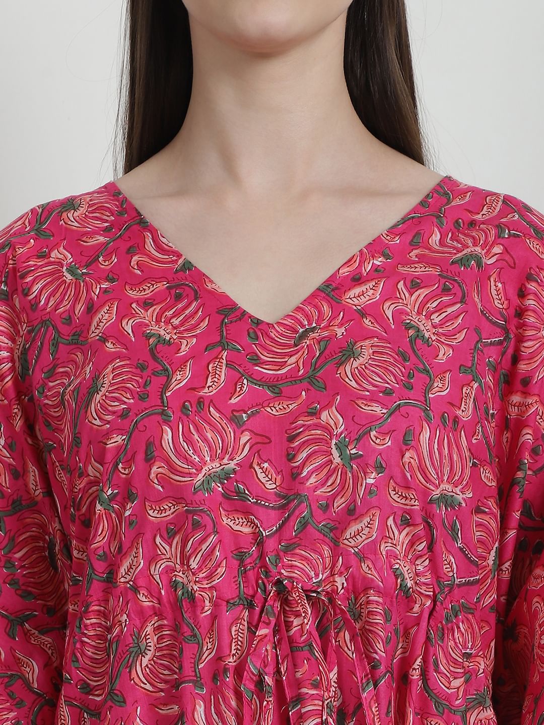 Floral Print Pink Cotton Kaftan Nighty