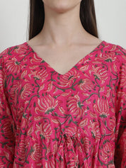 Floral Print Pink Cotton Kaftan Nighty