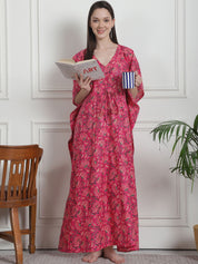 Floral Print Pink Cotton Kaftan Nighty