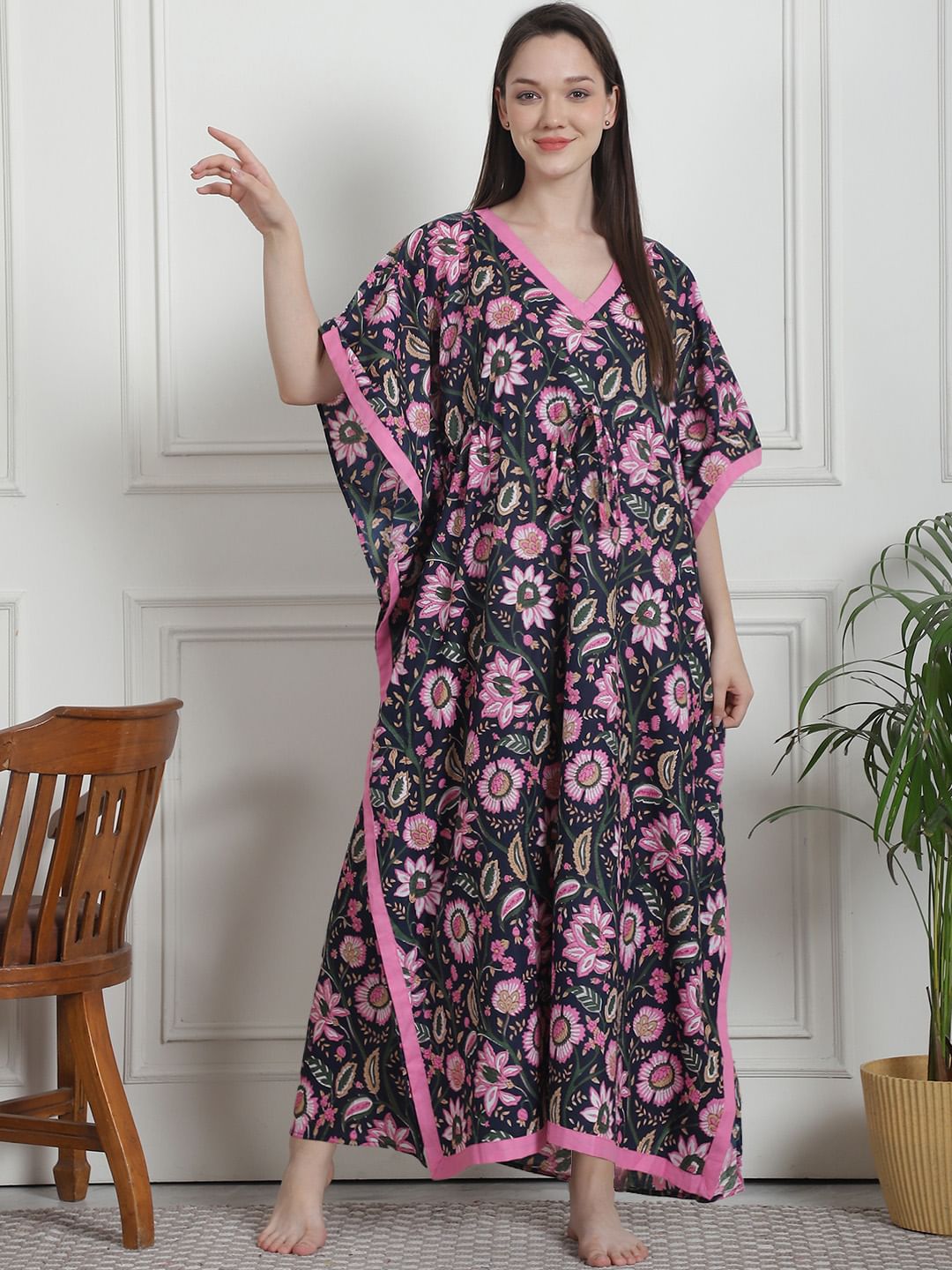 Floral Print Navy Blue Cotton Kaftan Nighty