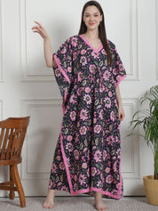 Floral Print Navy Blue Cotton Kaftan Nighty