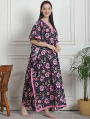 Floral Print Navy Blue Cotton Kaftan Nighty