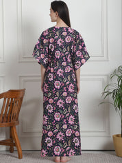 Floral Print Navy Blue Cotton Kaftan Nighty