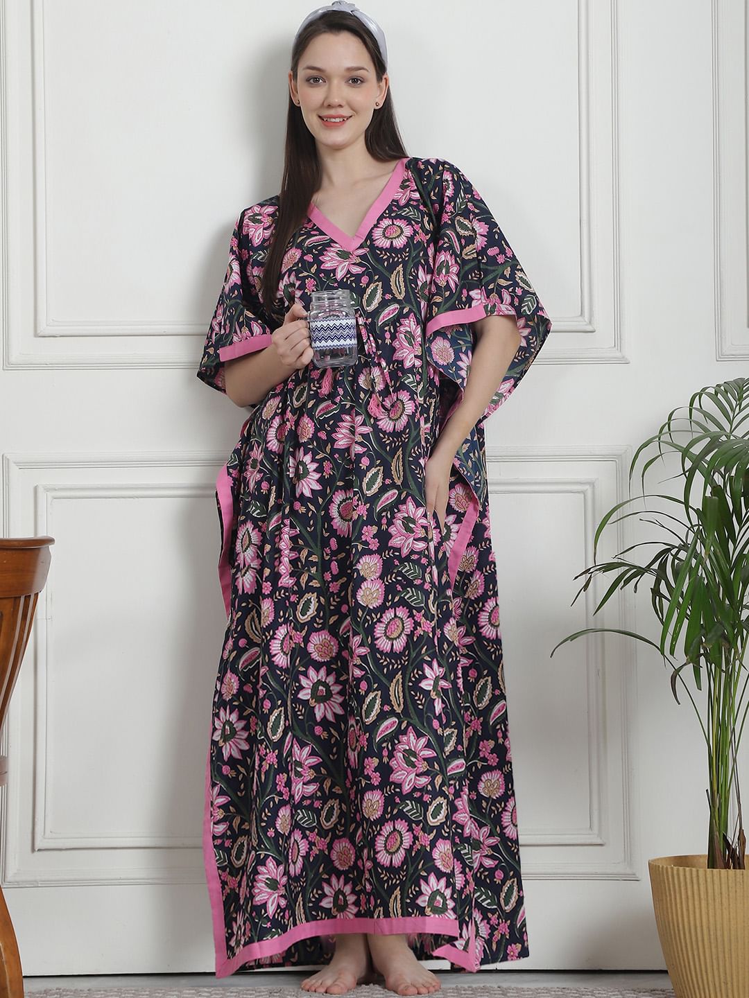 Floral Print Navy Blue Cotton Kaftan Nighty