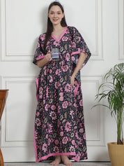 Floral Print Navy Blue Cotton Kaftan Nighty