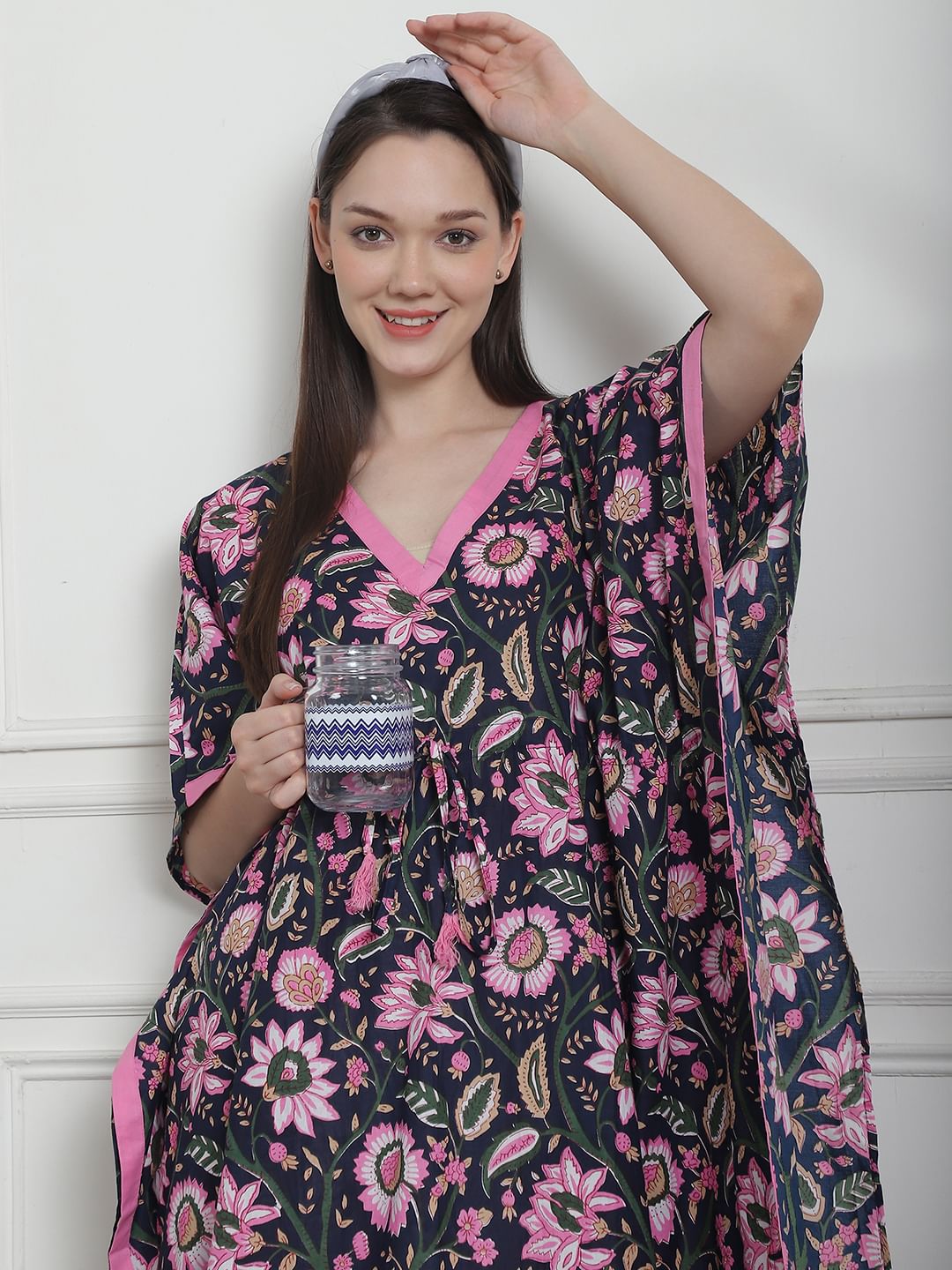 Floral Print Navy Blue Cotton Kaftan Nighty