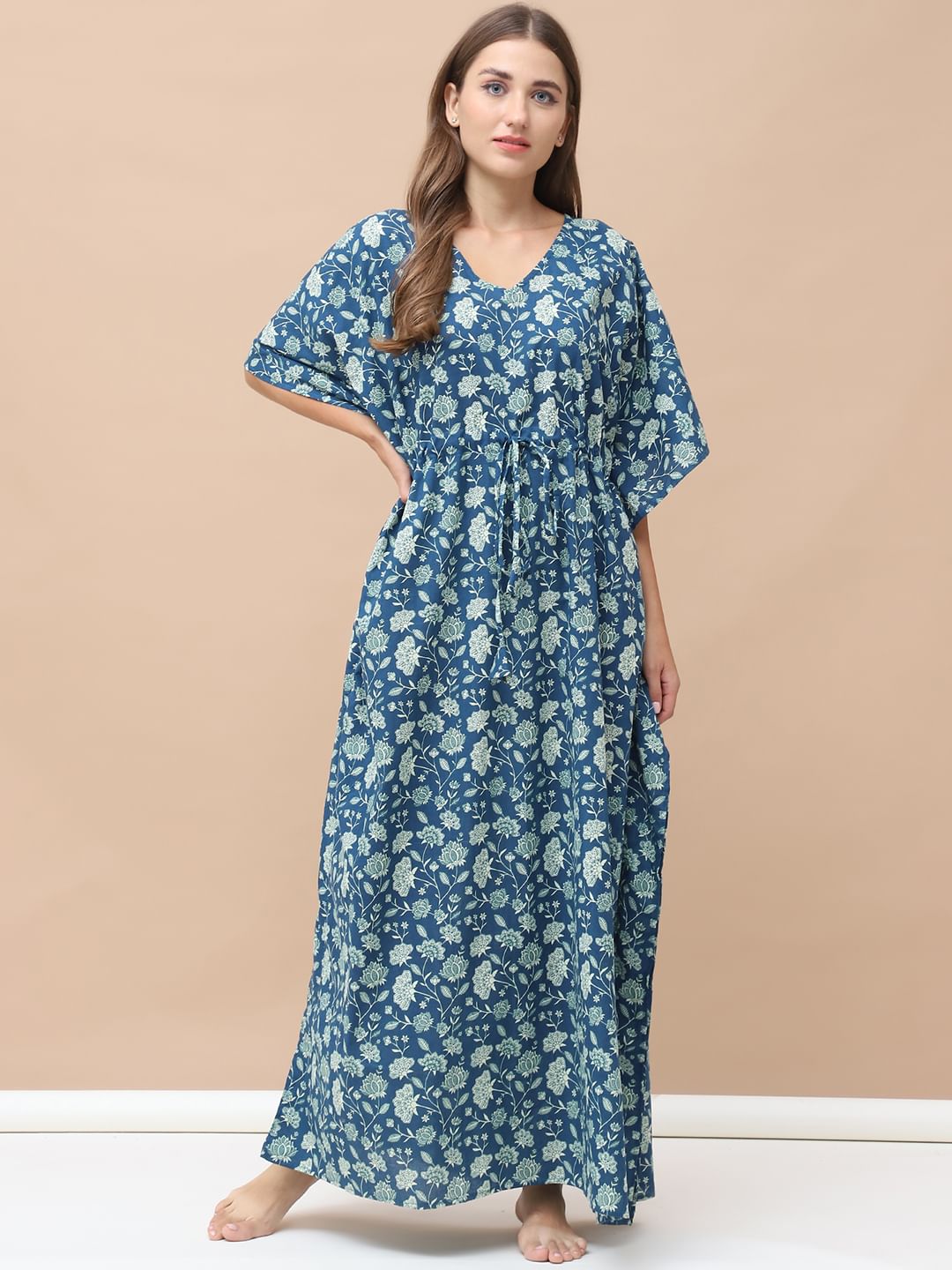 Floral Print Blue Cotton Kaftan Full Length