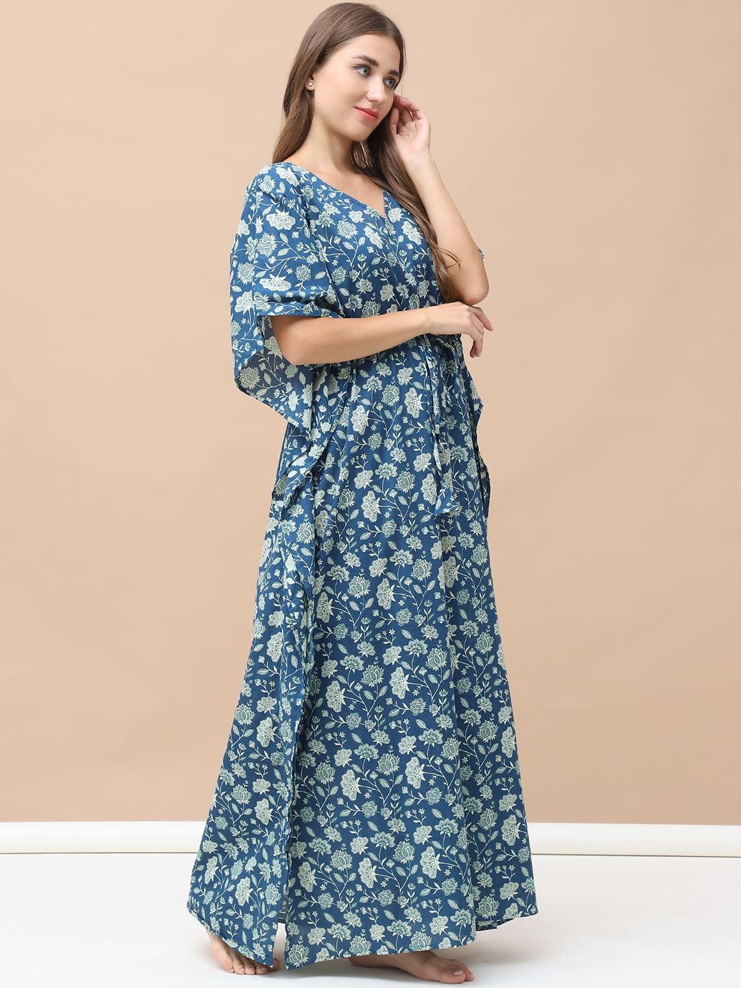 Floral Print Blue Cotton Kaftan Full Length