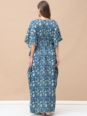 Floral Print Blue Cotton Kaftan Full Length