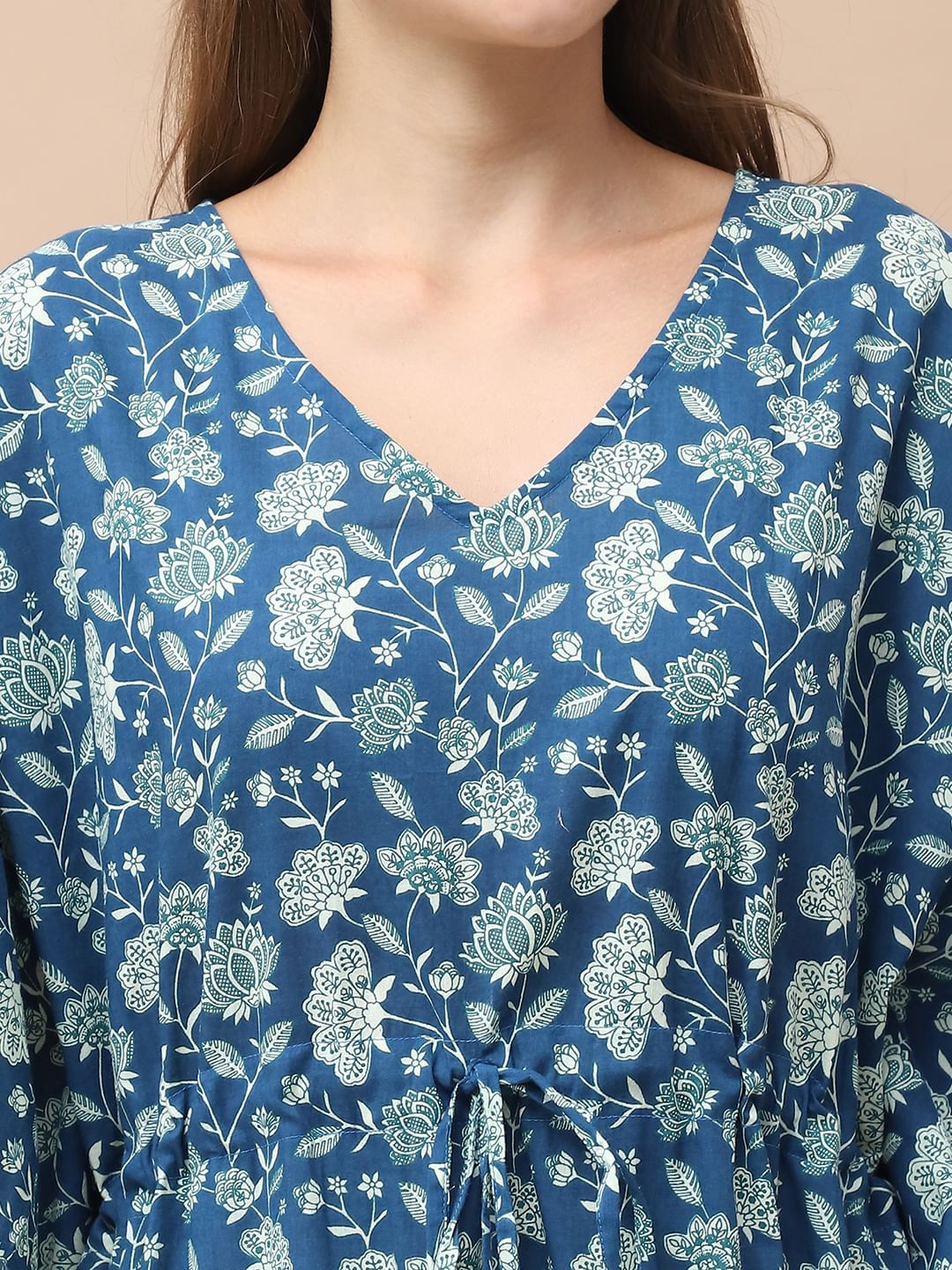 Floral Print Blue Cotton Kaftan Full Length