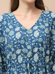 Floral Print Blue Cotton Kaftan Full Length
