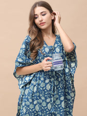 Floral Print Blue Cotton Kaftan Full Length