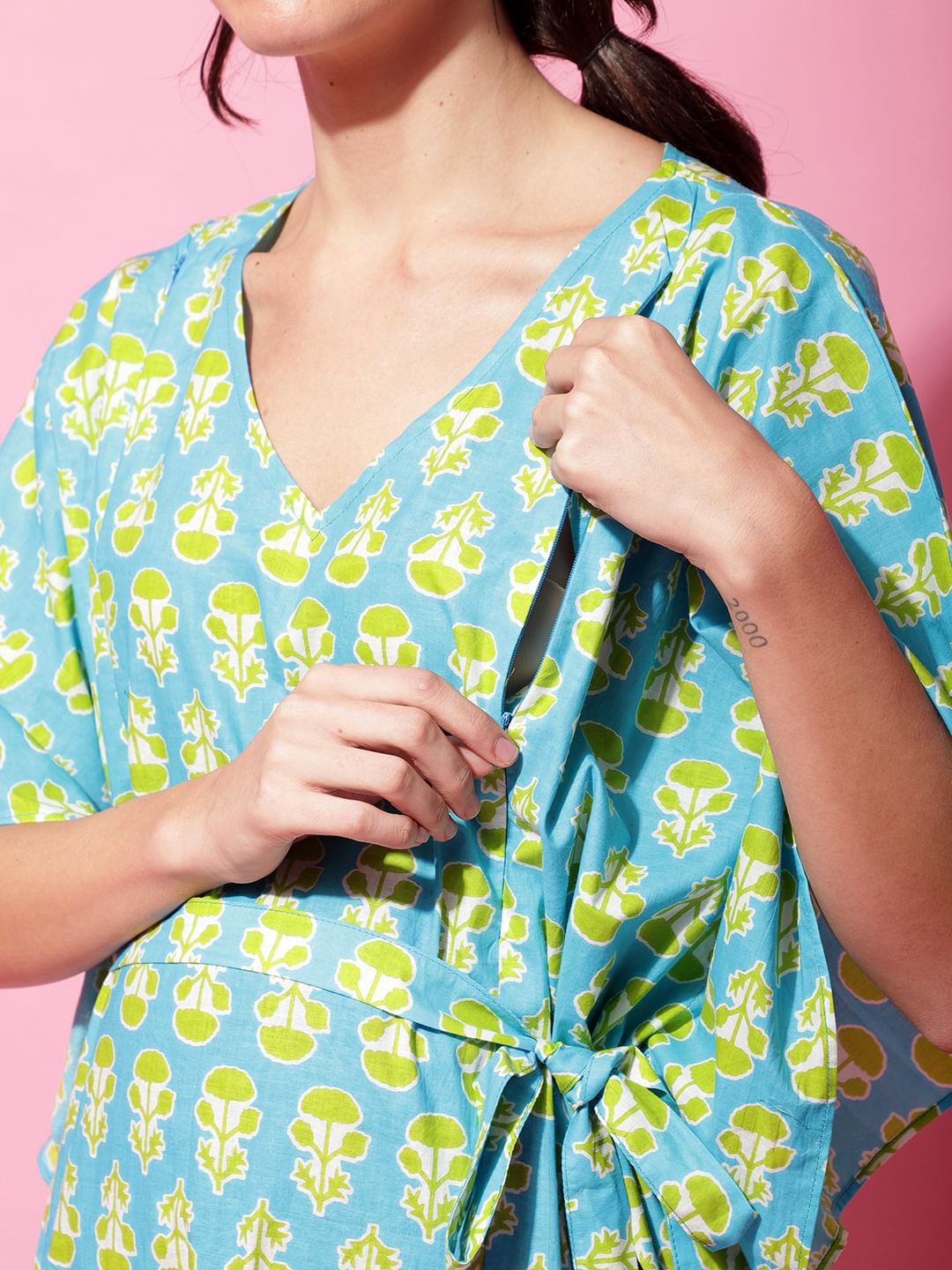 Sky Blue Sanganeri Print Maternity Kaftan Nightdress