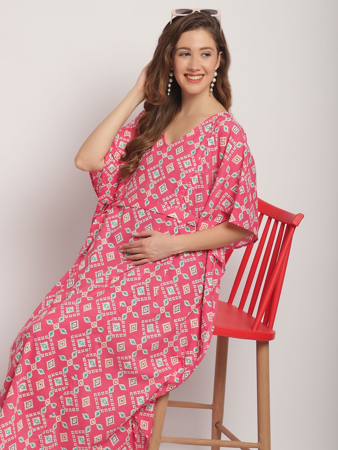 Pink Maternity ethnic Printed Kaftan Nightdress
