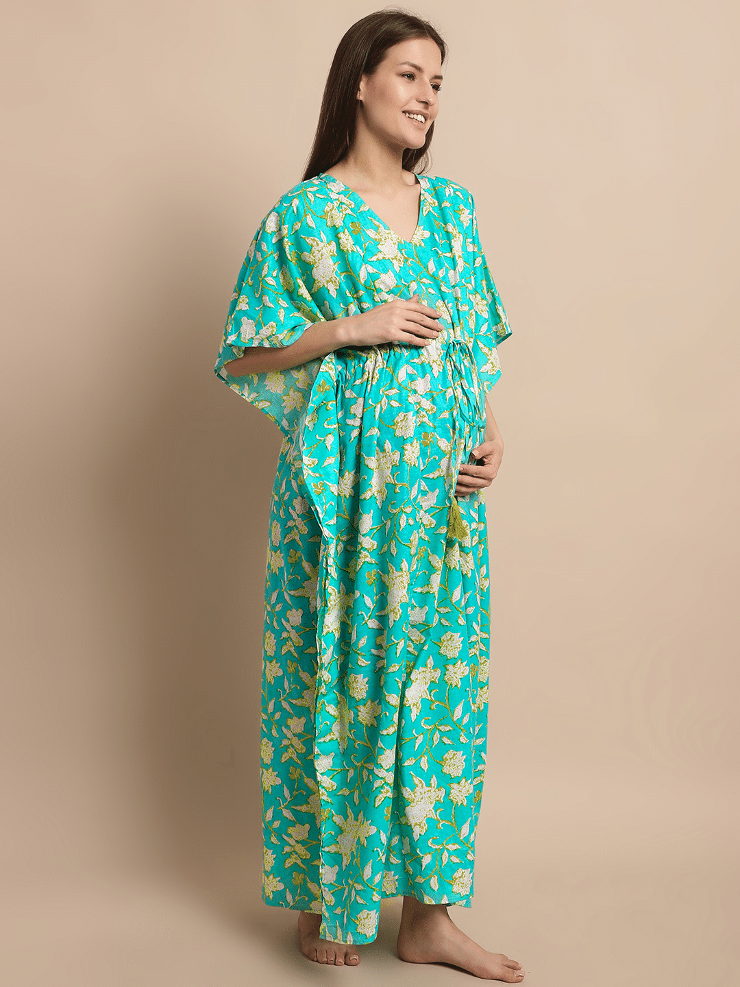 Sky Blue Floral Printed Maternity Kaftan Nighty