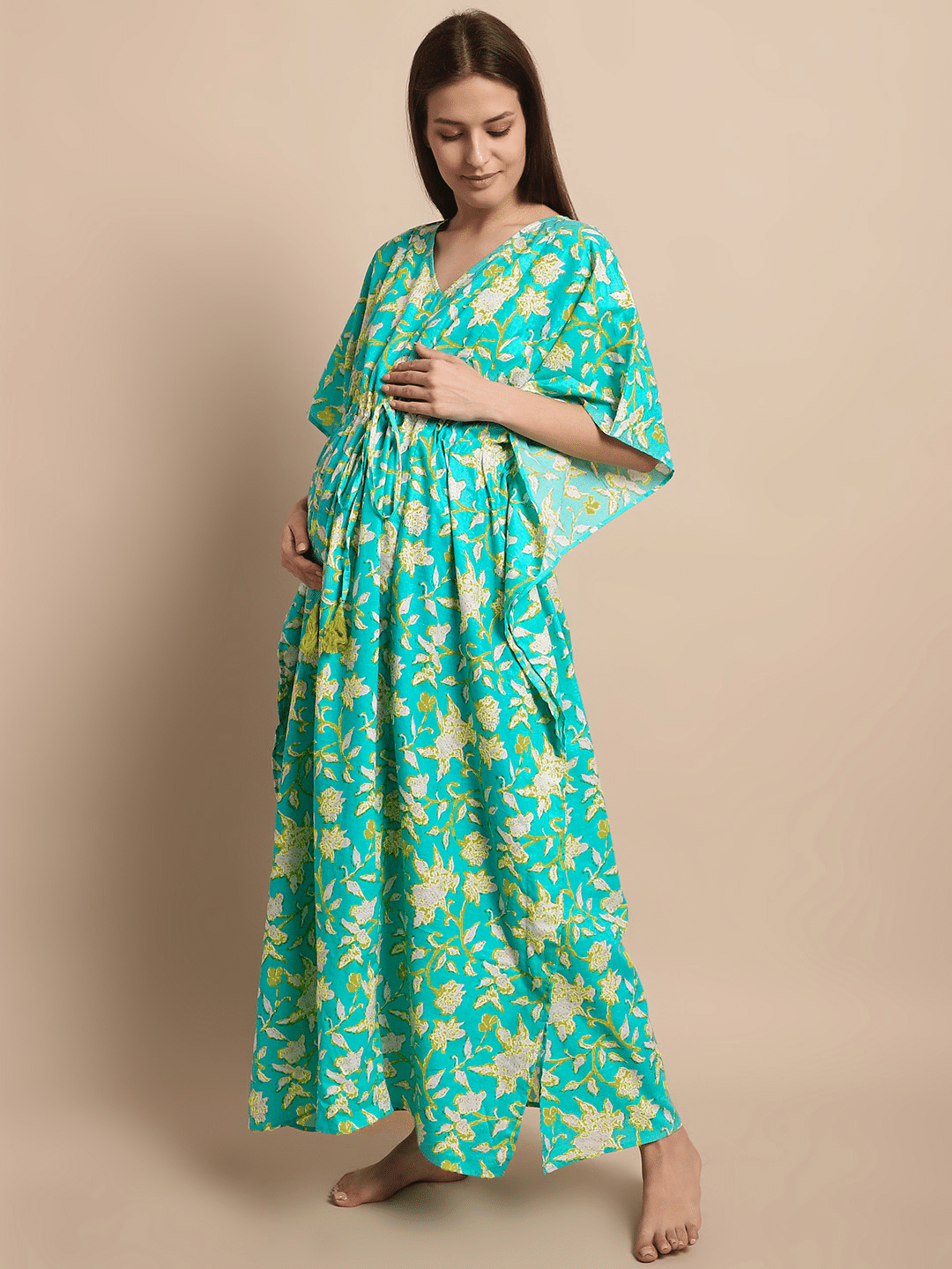Sky Blue Floral Printed Maternity Kaftan Nighty