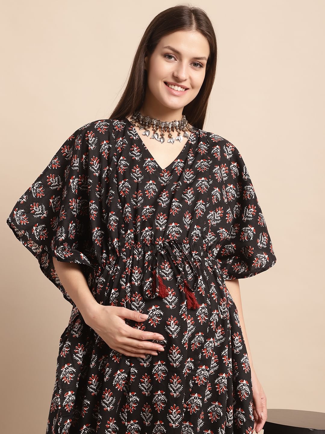 Black Floral Printed Maternity Kaftan Nighty