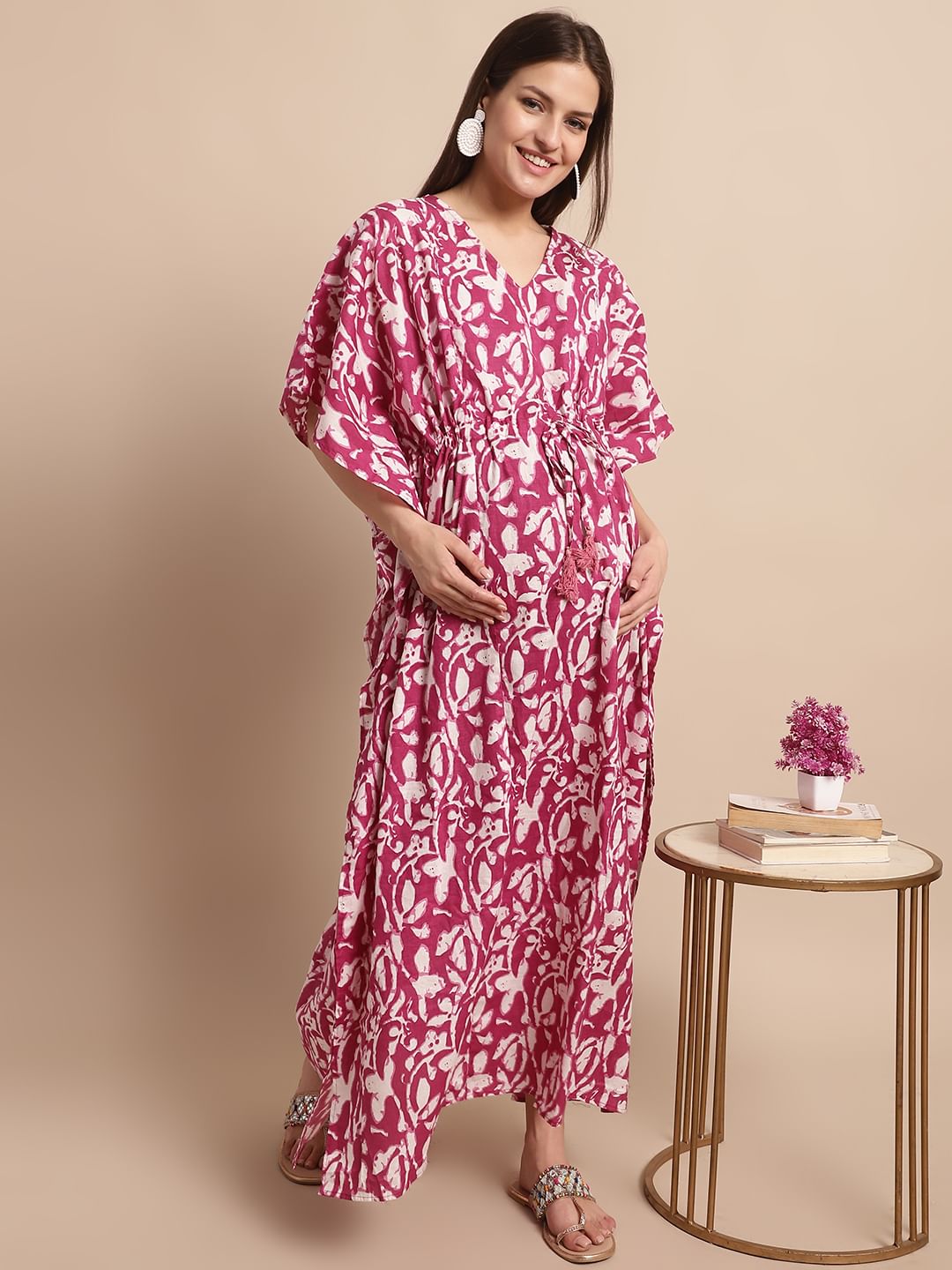 Pink Floral Printed Maternity Kaftan Nighty