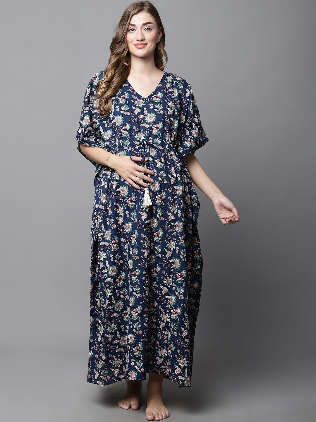 Black Floral Cotton Maternity Kaftan Full Length main image 1