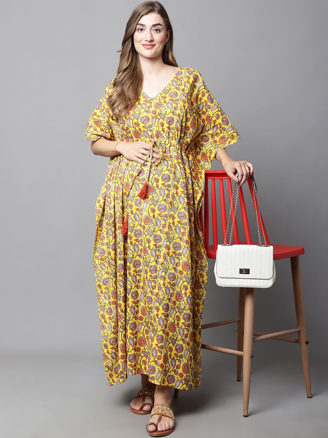 Yellow & Red Floral Maternity Kaftan