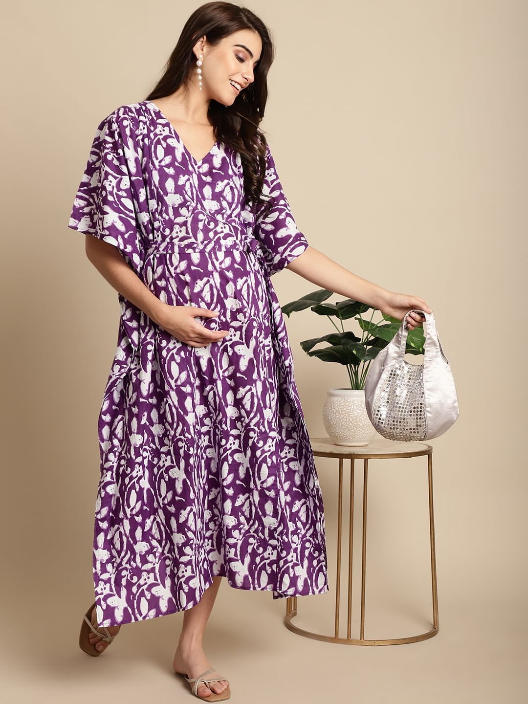 Purple Floral Cotton Maternity Kaftan