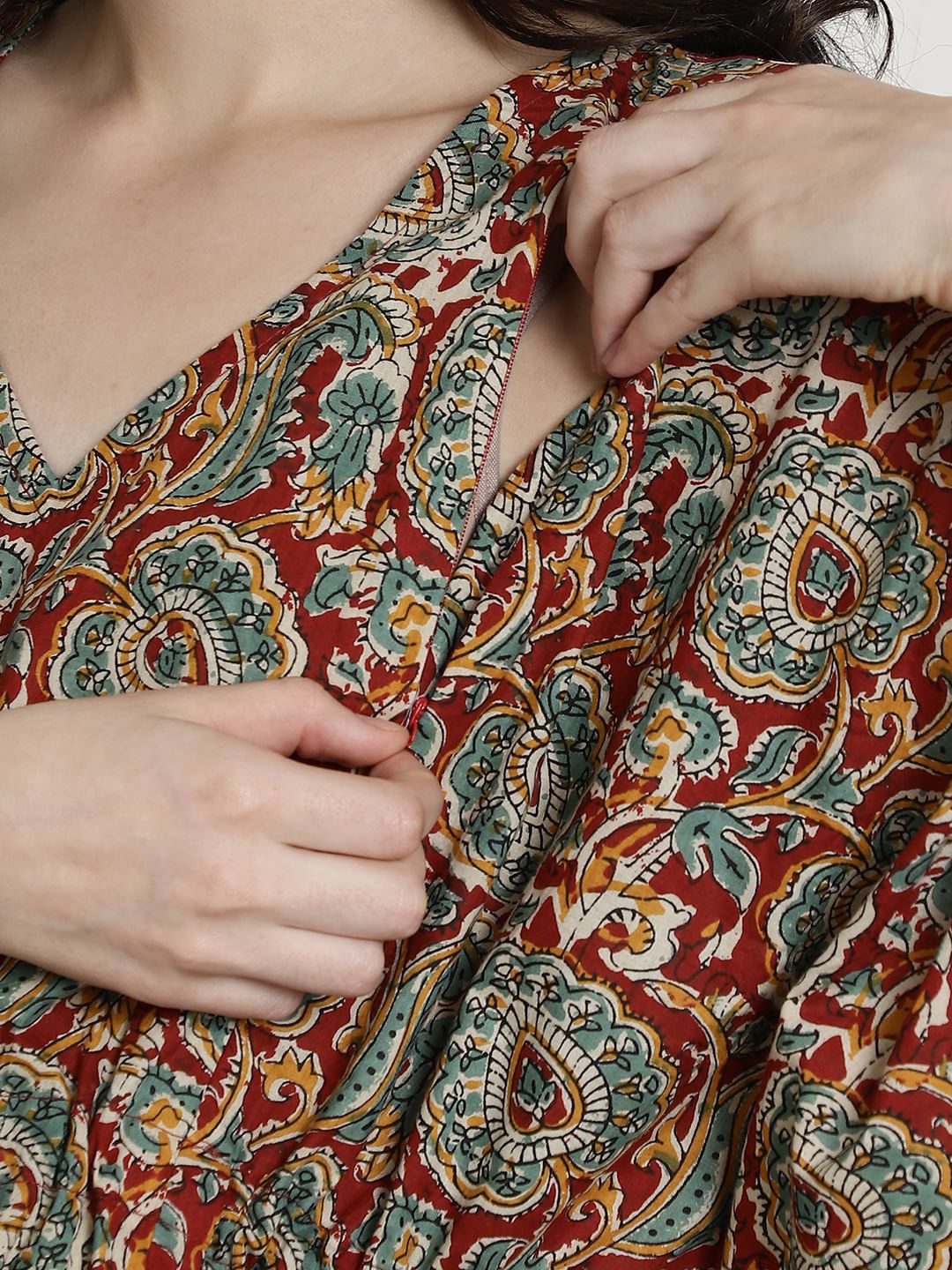 Maroon & Green Floral Cotton Maternity Kaftan Nighty
