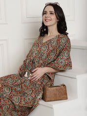 Maroon & Green Floral Cotton Maternity Kaftan Nighty