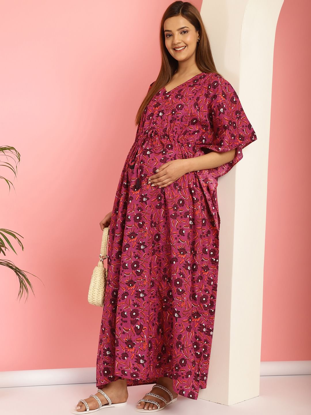 Cotton Floral Purple Maternity Feeding Kaftan