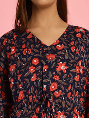 Cotton Floral Dark Blue Maternity Feeding Kaftan