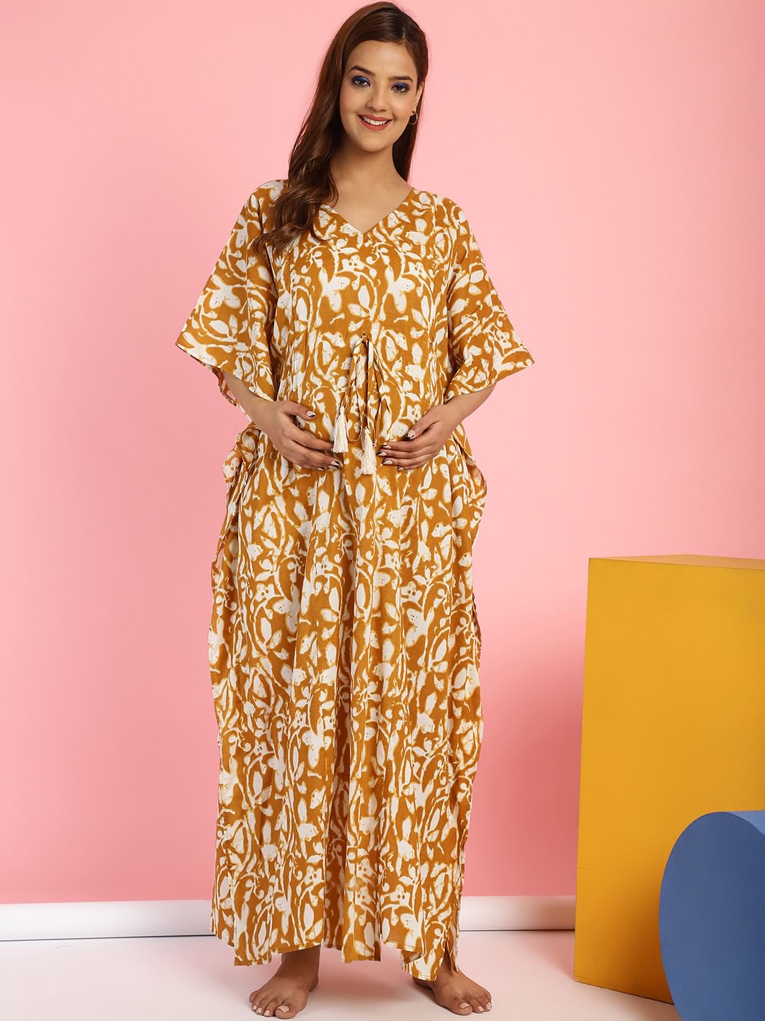 Cotton Floral Mustard Maternity Feeding Kaftan