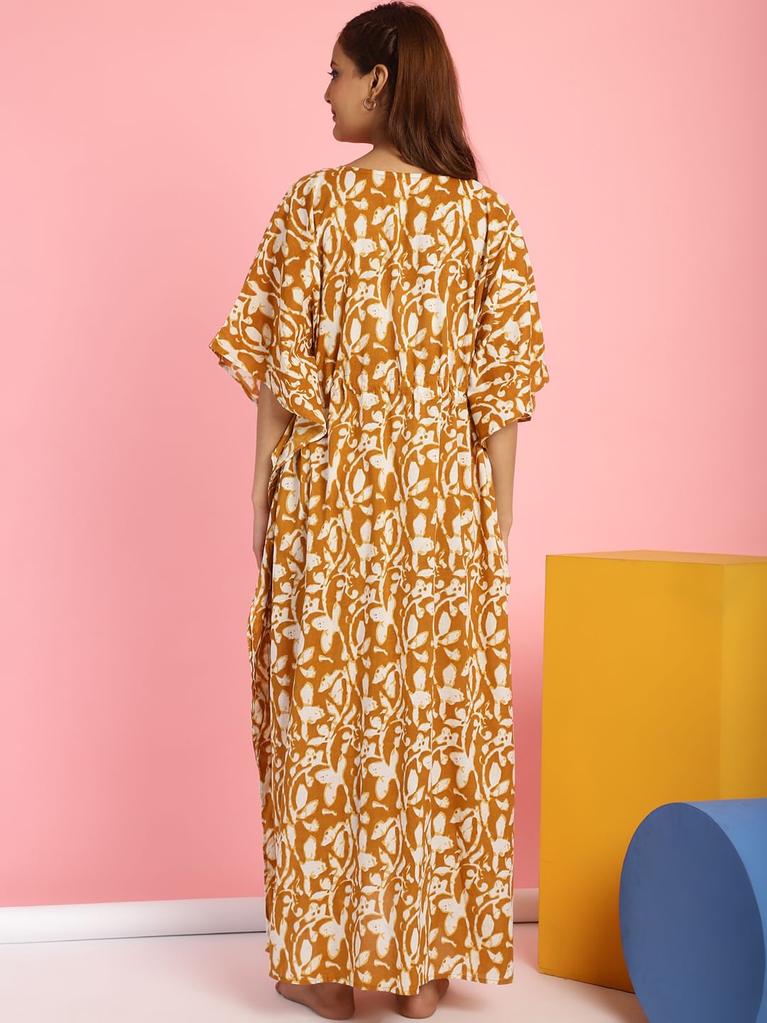 Cotton Floral Mustard Maternity Feeding Kaftan