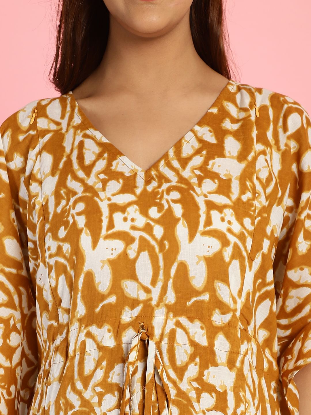 Cotton Floral Mustard Maternity Feeding Kaftan