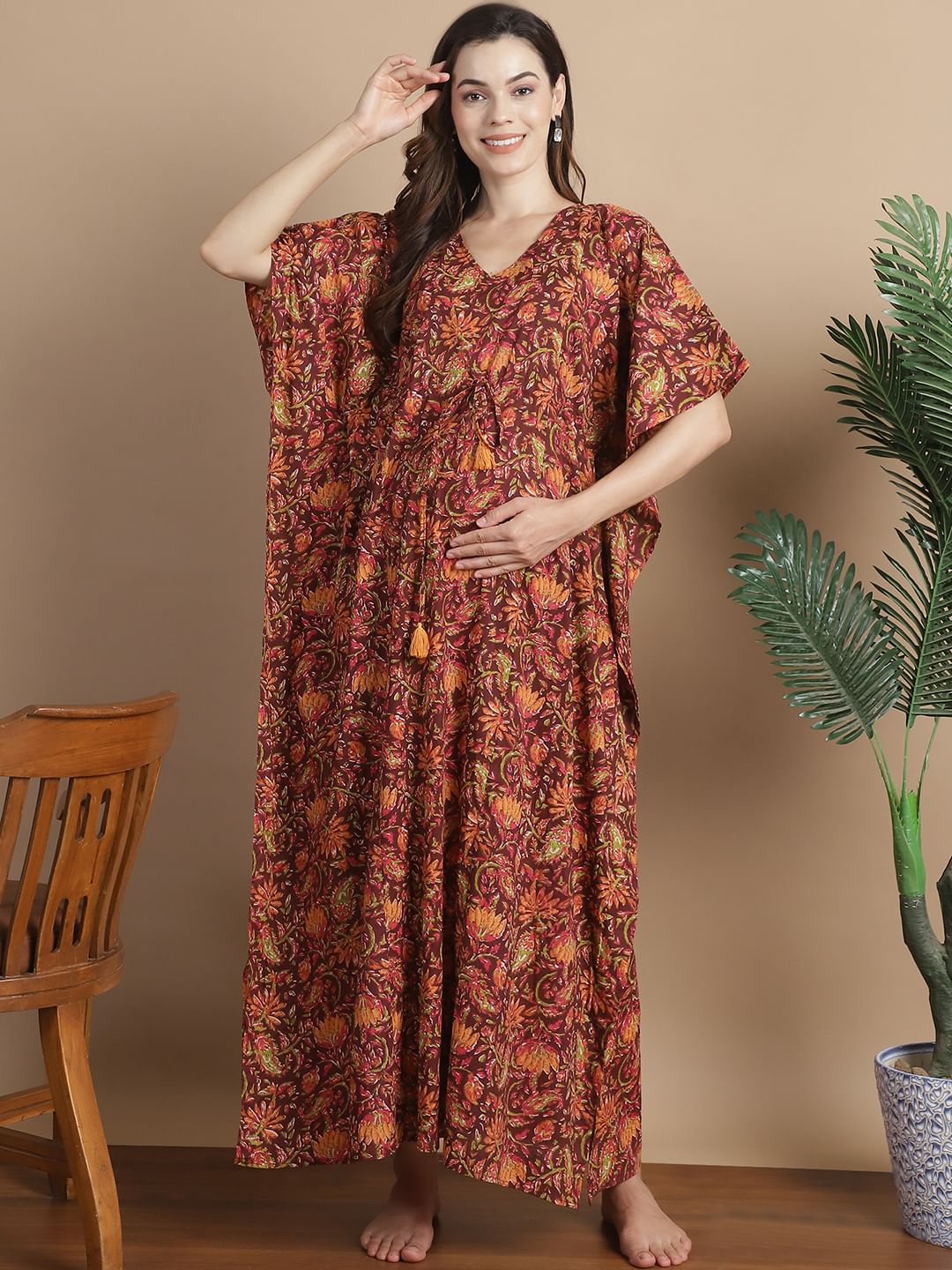 Brown Floral Cotton Maternity Kaftan
