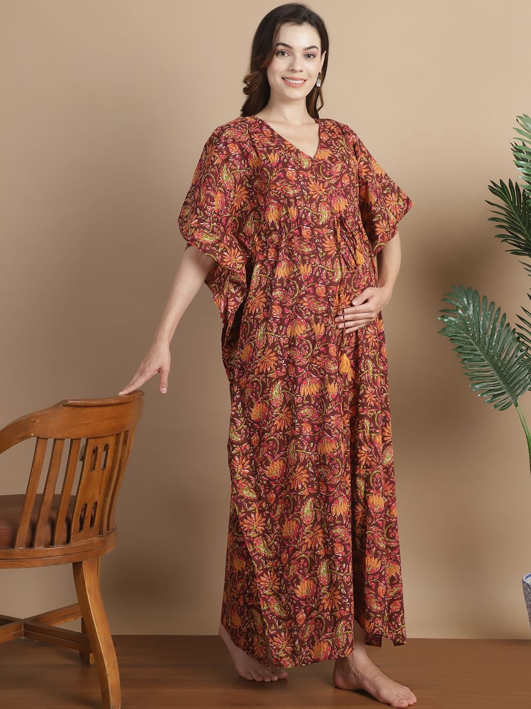 Brown Floral Cotton Maternity Kaftan