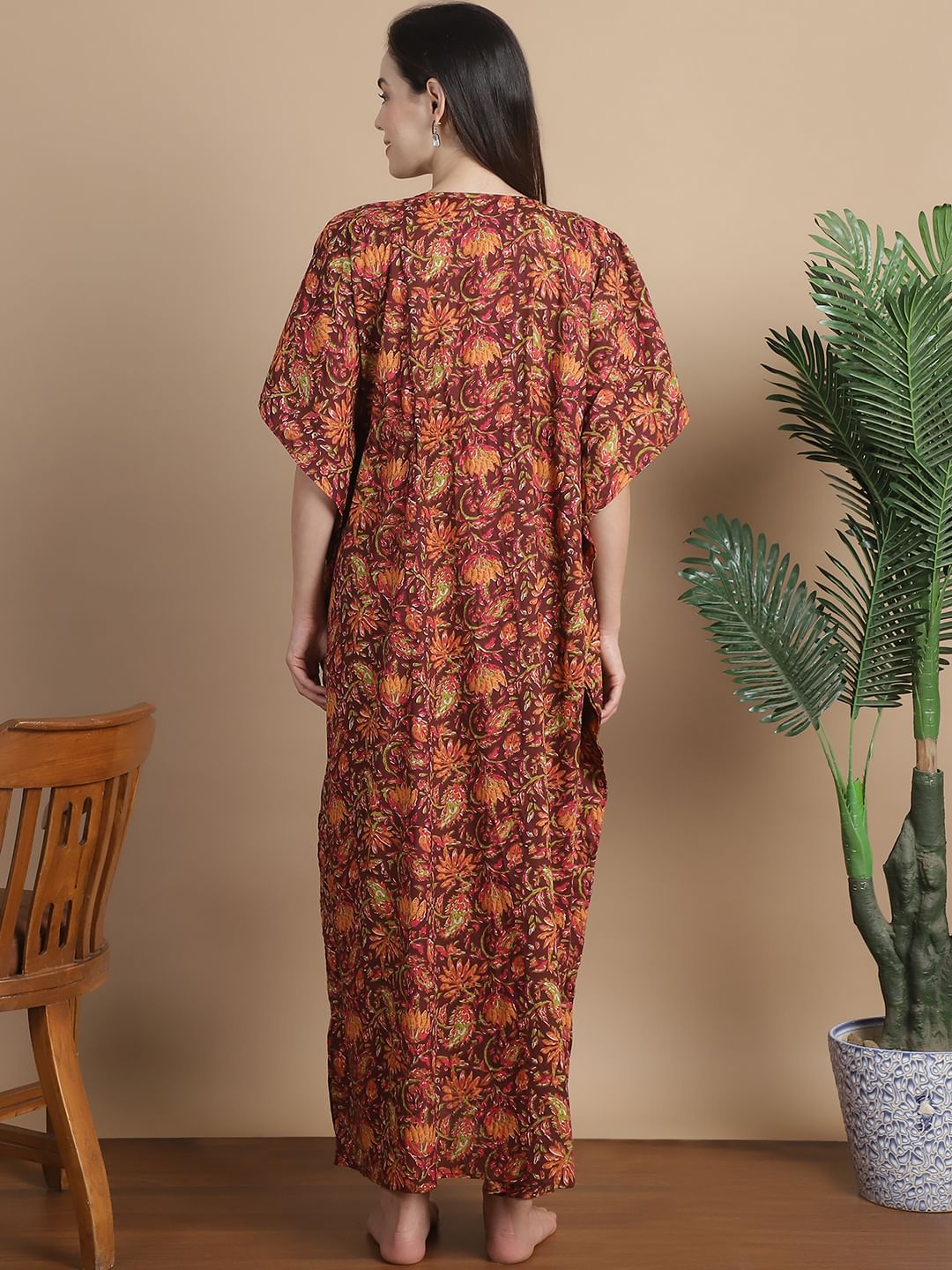 Brown Floral Cotton Maternity Kaftan