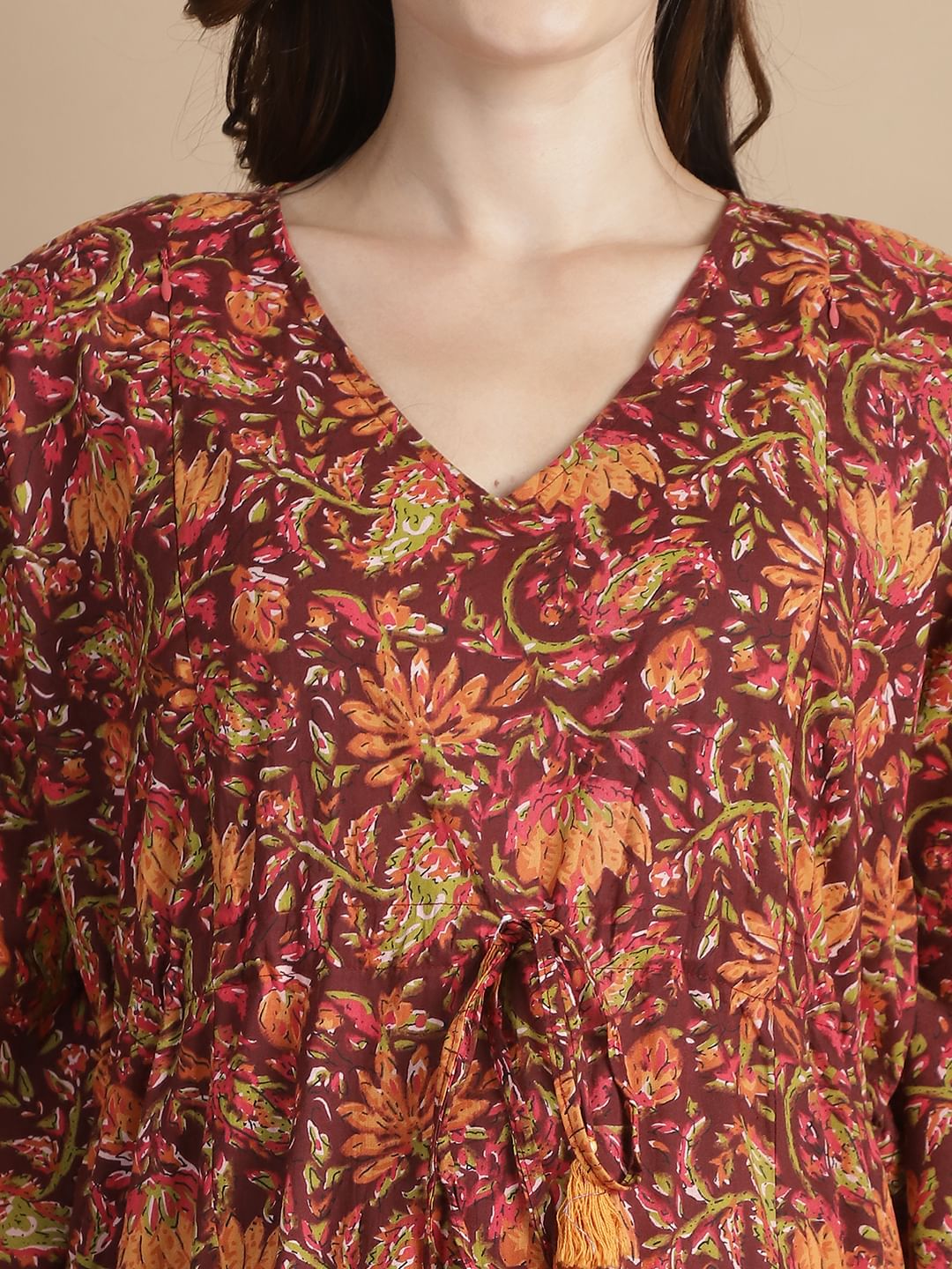 Brown Floral Cotton Maternity Kaftan