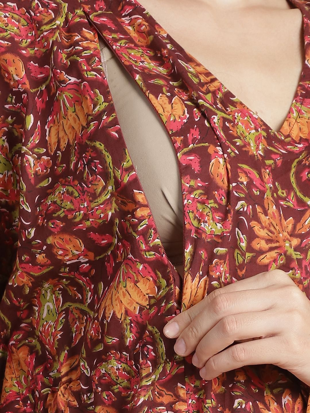 Brown Floral Cotton Maternity Kaftan
