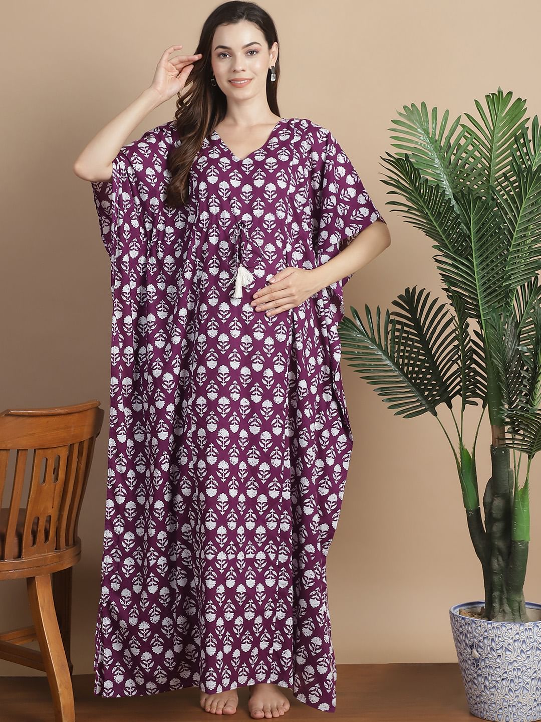 Purple Floral Cotton Maternity Kaftan