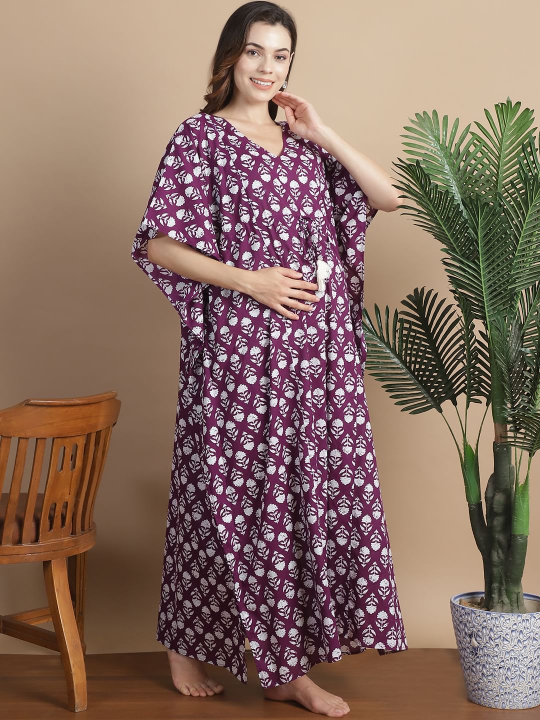 Purple Floral Cotton Maternity Kaftan