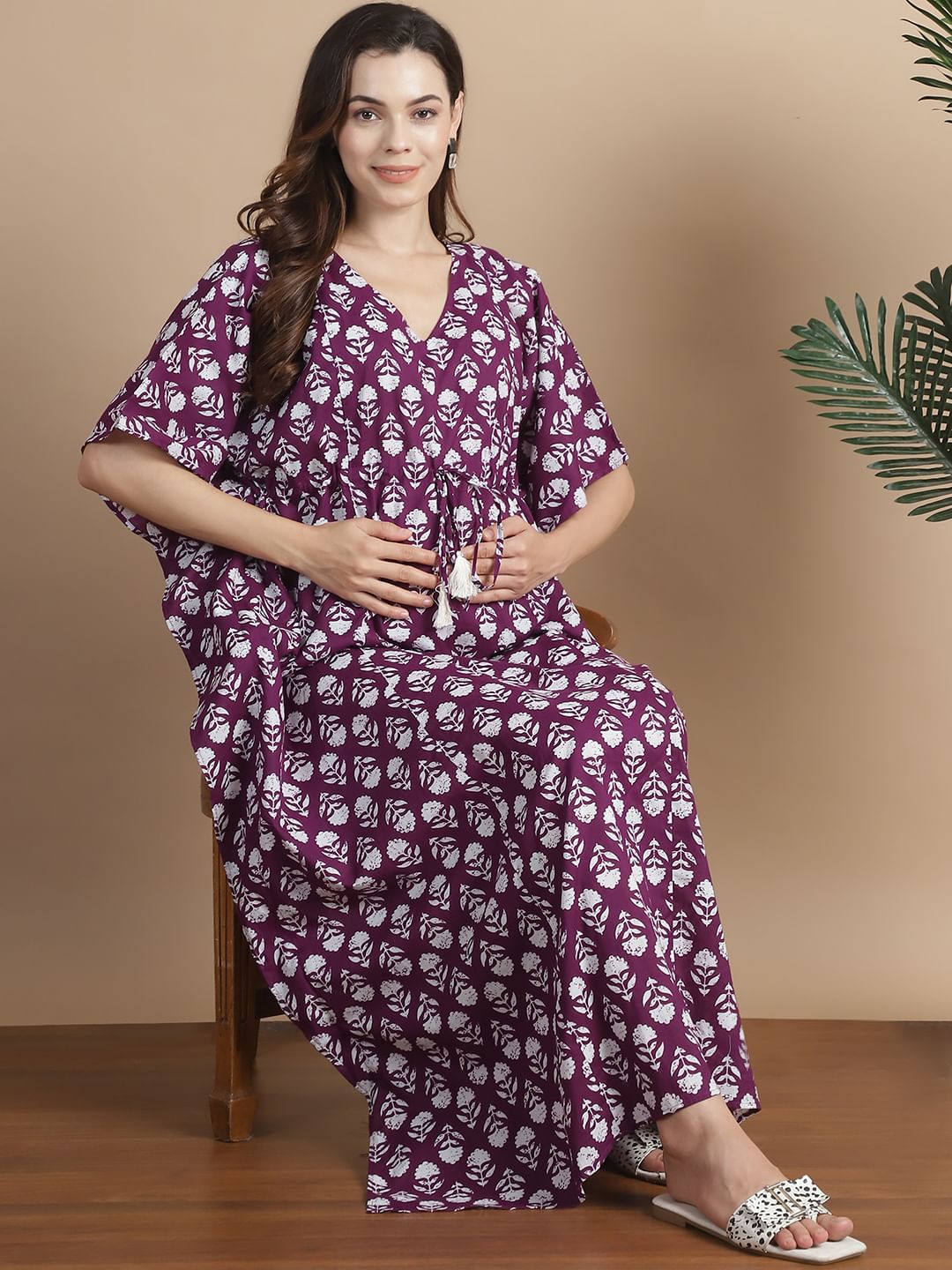 Purple Floral Cotton Maternity Kaftan