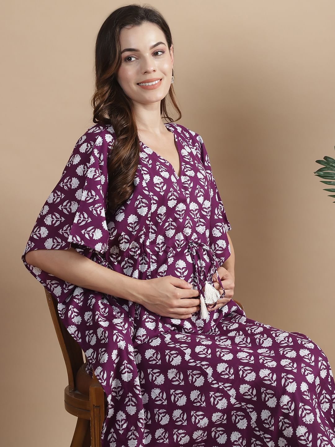 Purple Floral Cotton Maternity Kaftan