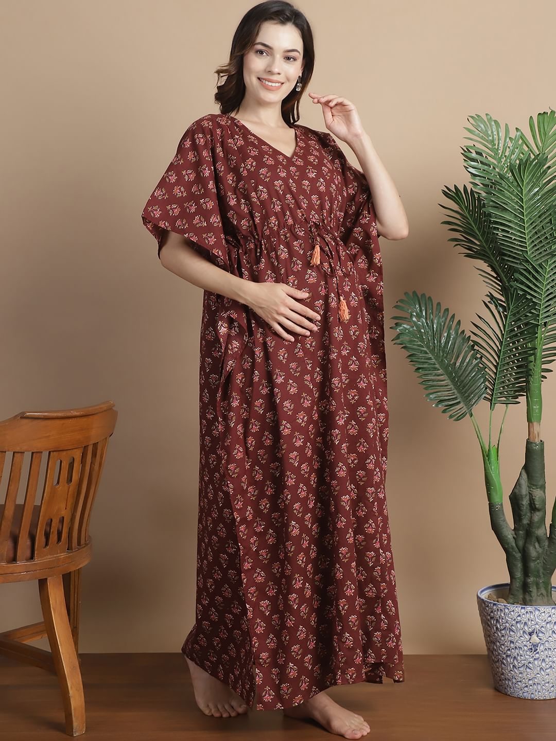 Brown Floral Cotton Maternity Kaftan