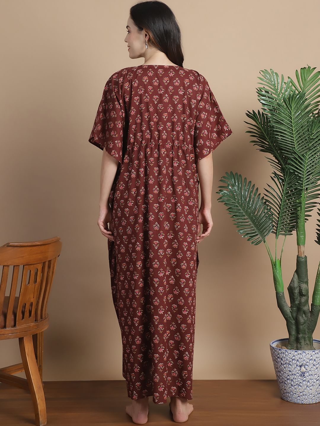 Brown Floral Cotton Maternity Kaftan
