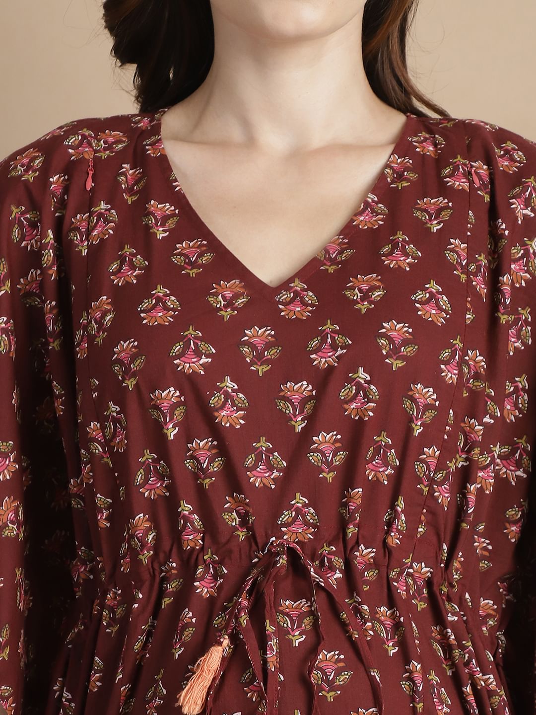 Brown Floral Cotton Maternity Kaftan