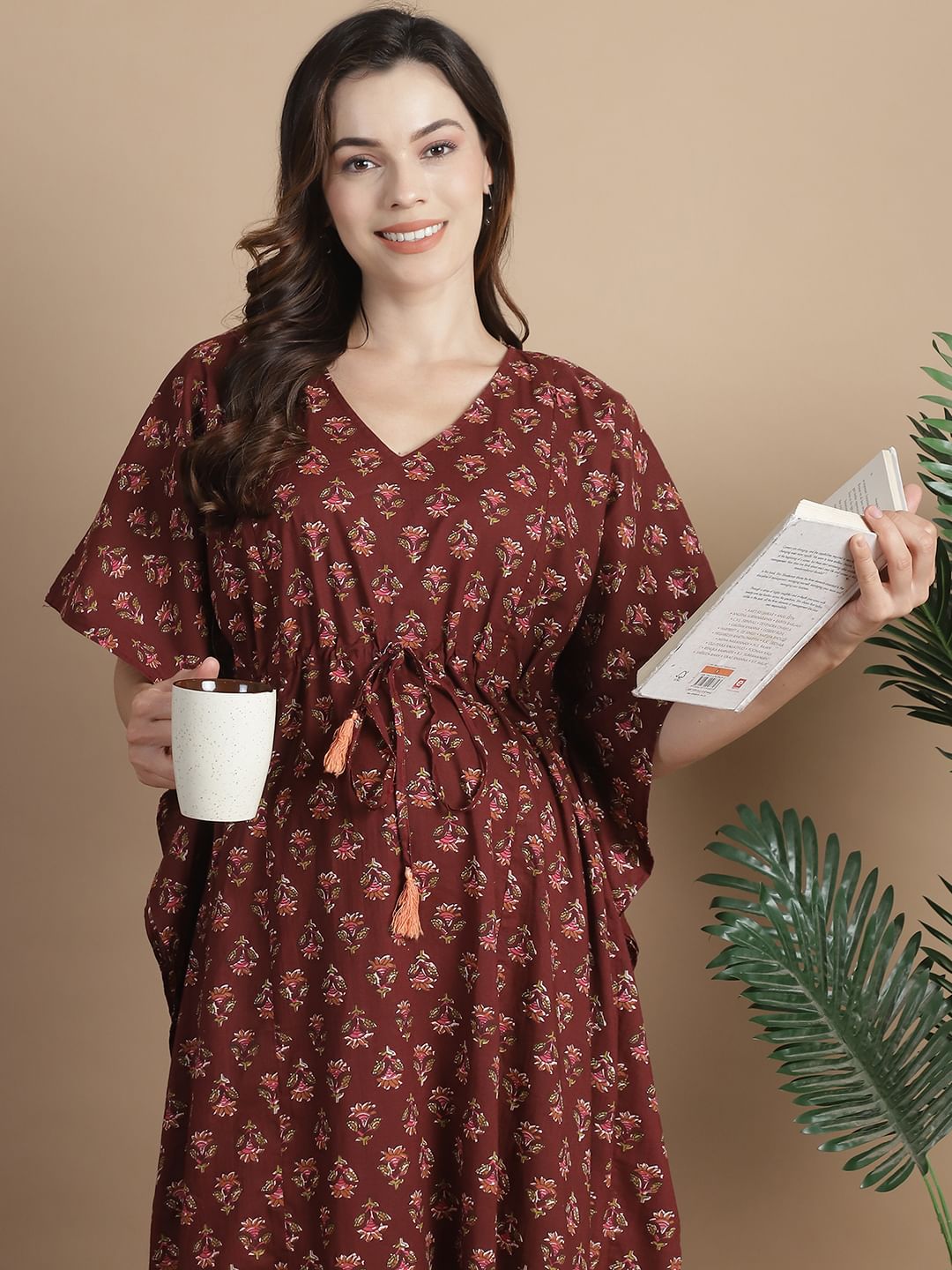 Brown Floral Cotton Maternity Kaftan